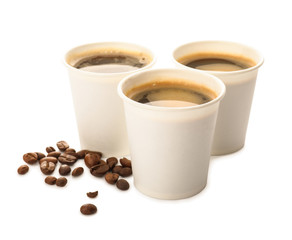 Takeaway coffee cups on white background