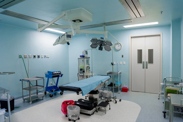 The operating room in the hospital with all the equipment in white and blue.