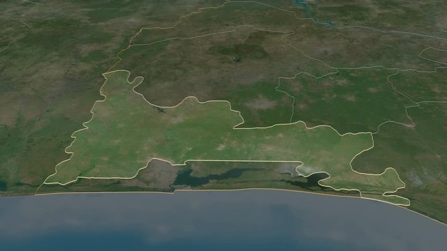 Ogun, state with its capital, zoomed and extruded on the satellite map of Nigeria in the conformal Stereographic projection. Animation 3D