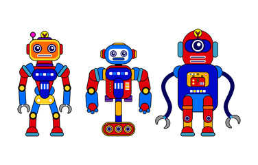  Set of 3 colorful robots on a white background. Cartoon style. Vector illustration. Robot toys-01