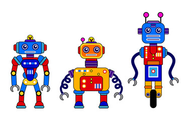  Set of 3 colorful robots on a white background. Cartoon style. Vector illustration. Robot toys-01