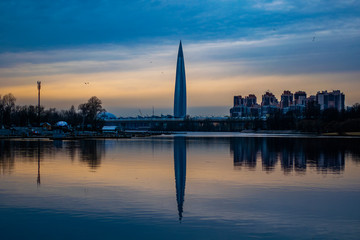 Fototapeta na wymiar Lakhta Center, landscape, cityscape, reflection, river, sky