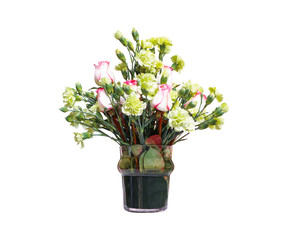 Rose and carnation flowers in glass jar isolated on white background with clipping path..