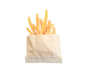 potato fries in white paper bag isolated on white background with clipping path..