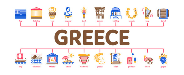 Greece Country History Minimal Infographic Web Banner Vector. Greece Flag And Antique Amphora, Building And Boat, Wine Barrel And Grape Illustrations