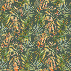 Seamless pattern with watercolor gold and green leaves. Tropical plants. Isolated on dark green background
