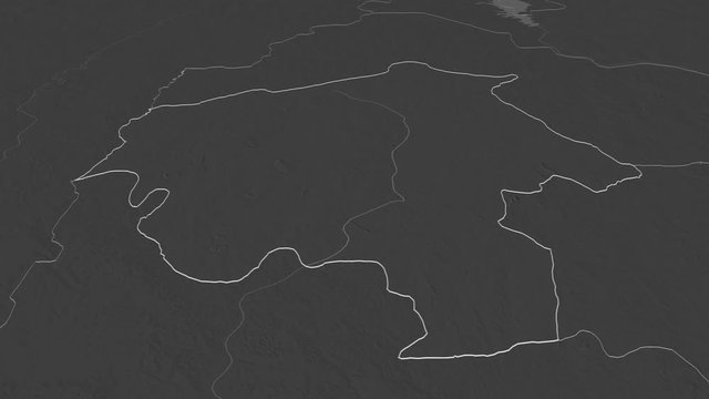 Oyo, state with its capital, zoomed and extruded on the bilevel map of Nigeria in the conformal Stereographic projection. Animation 3D