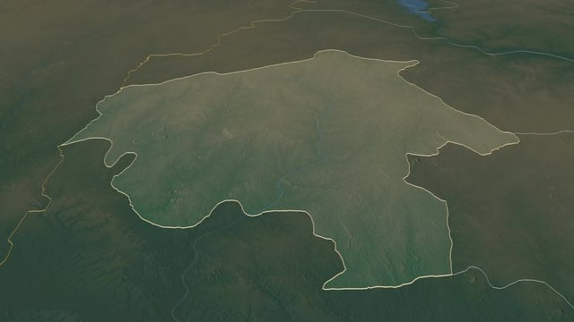 Oyo, state with its capital, zoomed and extruded on the relief map of Nigeria in the conformal Stereographic projection. Animation 3D