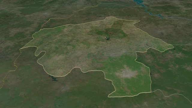 Oyo, state with its capital, zoomed and extruded on the satellite map of Nigeria in the conformal Stereographic projection. Animation 3D