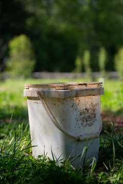 white plastic bucket in garden