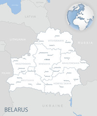 Blue-gray detailed map of Belarus and administrative divisions and location on the globe.