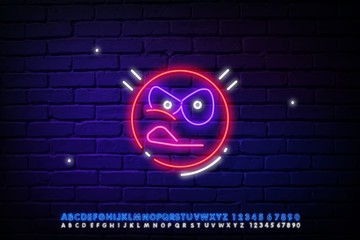 red angry face with a crooked mouth, April fools ' Day. Vector silhouette of a neon pair of cute emoticons, consisting of contours, illuminated on a dark background with text.