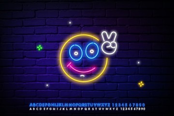 friendly face, a greeting hand, April fools ' Day. Vector silhouette of a neon pair of cute emoticons, consisting of contours, illuminated on a dark background with text.