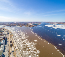Spring ice drift in Nizhny Novgorod, on Strelka, the confluence of the Oka and Volga. Shooting from...