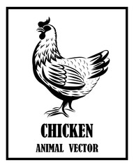 Vector Line Art Illustration logo of a chicken. It is standing. It is black and white.
