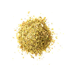 Pile of dried oregano leaves isolated on white background. top view
