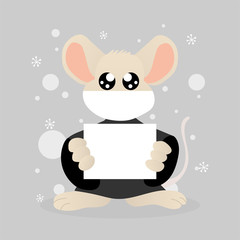 Cartoon rat character holding  blank white paper on gray background. Vector illustration.