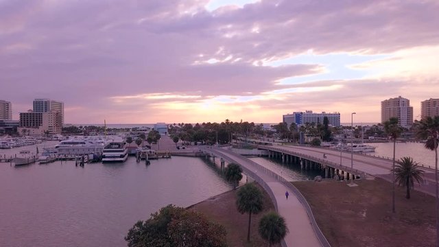 Clearwater Beach Florida. Hotels and restaurants on the island. Spring or summer vacations. Gulf of Mexico. Beautiful Sunset and cloudy sky.
