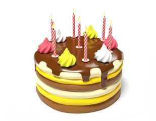 Bright cake for birthday with chocolate top and burning candles on white background. 3D illustration