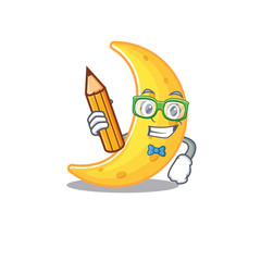 A brainy student crescent moon cartoon character with pencil and glasses