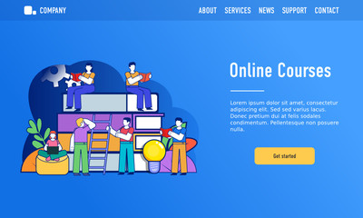 Online courses or digital library concept. Small people stand near big stack of books. Modern design vector illustration. Web landing page template