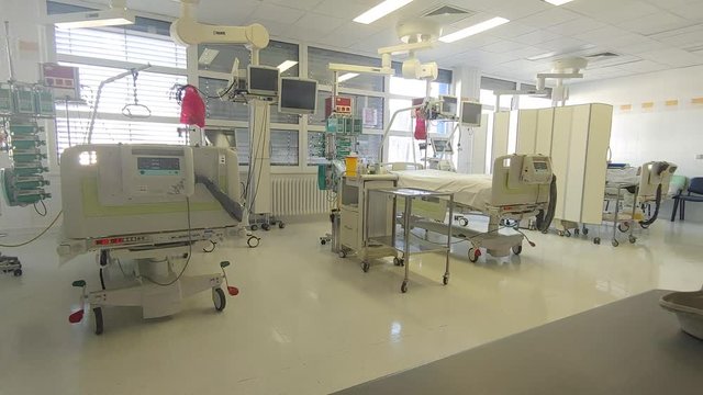Intensive care unit in hospital, two beds with monitors, ventilators, a place where can be  treated patients with pneumonia caused by coronavirus covid-19.