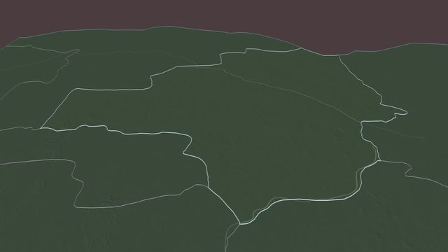 Zamfara, state with its capital, zoomed and extruded on the administrative map of Nigeria in the conformal Stereographic projection. Animation 3D