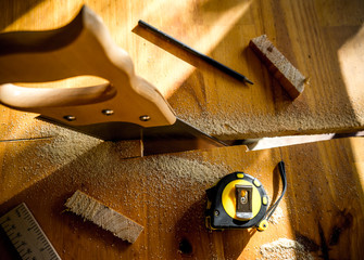 handsaw on woodworking table