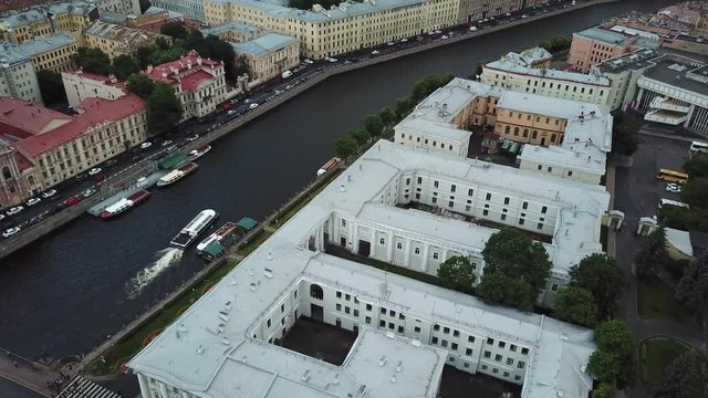Aerial of Nevsky Prospect Avenue and Historic Buildings on Fontanka Riverbanks, St. Petersburg, Russia