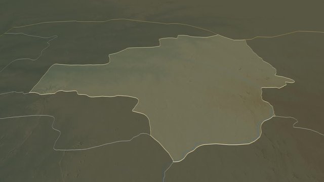 Zamfara, state with its capital, zoomed and extruded on the relief map of Nigeria in the conformal Stereographic projection. Animation 3D