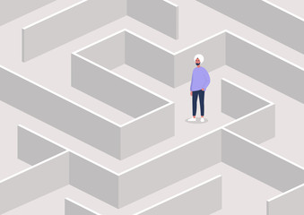 Young indian male character in a maze, strategical thinking and troubleshooting, business concept