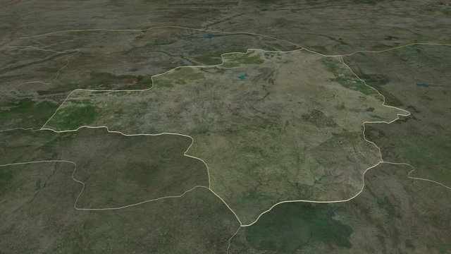 Zamfara, state with its capital, zoomed and extruded on the satellite map of Nigeria in the conformal Stereographic projection. Animation 3D