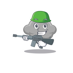 A cartoon picture of grey cloud in Army style with machine gun