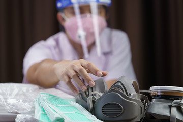 People panic about respirator mask and surgical masks in stock, corona virus or Covid-19 protection.