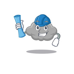 Cartoon character of grey cloud brainy Architect with blue prints and blue helmet