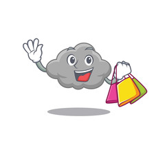 Rich and famous grey cloud cartoon character holding shopping bags