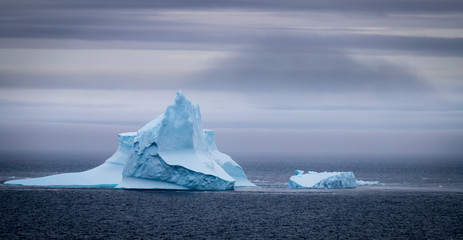 Icebergs floating in the Antarctic after calving off the numerous glaciers in the area.