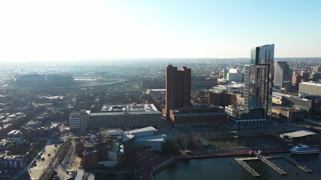Aerial View of Baltimore USA Cityscape Skyline. Science Center. Sonesta Court and Inner Harbor Marina