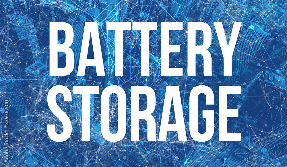 Aufkleber battery storage theme with abstract network patterns and skyscrapers
