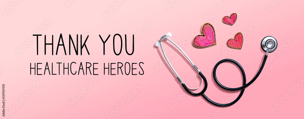 Poster thank you healthcare heroes message with stethoscope and hand drawing hearts - Posters