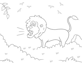lion coloring page. black and white cartoon drawing