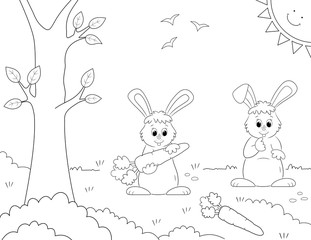 cute cartoon rabbits in the garden, coloring page for children
