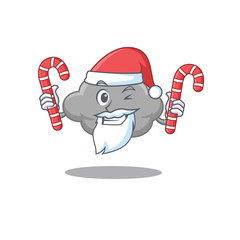 Friendly grey cloud in Santa Cartoon character holds Christmas candies