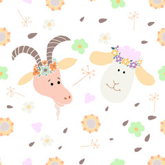 Obraz na płótnie Canvas Seamless pattern with cute Pets in cartoon style. Portrait of a sheep and a goat. Vector illustration