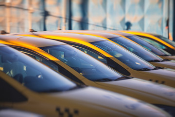View of yellow taxi cab parking lot with yellow cars standing, set of taxicabs in the streets, taxis