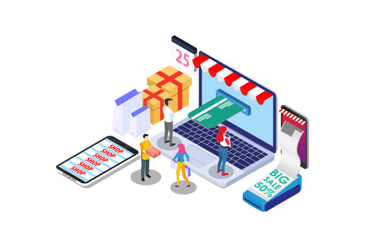 Isometric Digital E-Commerce Online Shopping Delivery Illustration, Suitable for Diagrams, Infographics, Book Illustration, Game Asset, And Other Graphic Related Assets