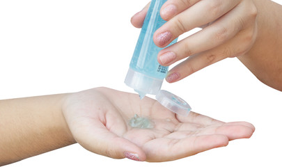 closeup hands using alcohol gel