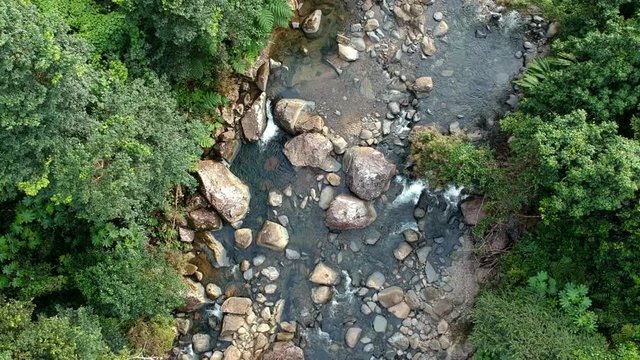 River flowing trough the Angelito Trail tropical rainforest, rising overhead aerial