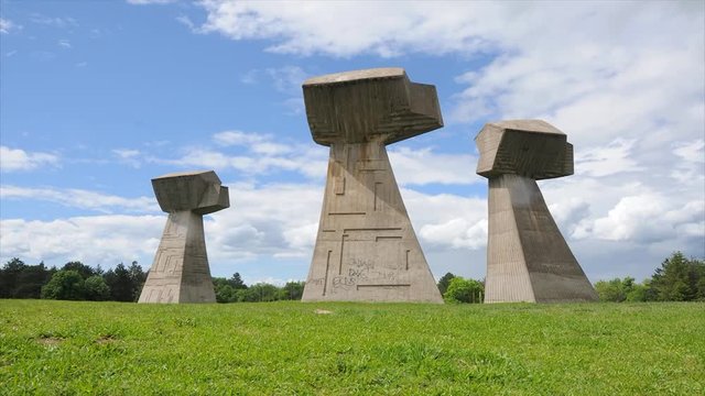 Three fists symbolizing resistance to the aggressor in World War II. Monument Bubanj near Nis