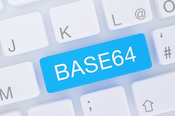 BASE64. Computer Tastatur von oben zeigt Taste mit Wort hervorgehoben. Software, Internet, Programm